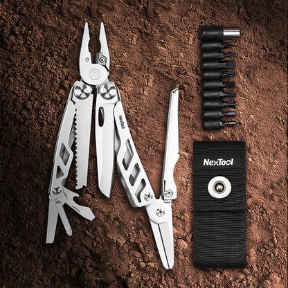 NexTool Flagship Max Sandblasted Silver Multi-Tool 14 Functions with Bit Kit and Nylon Pouch