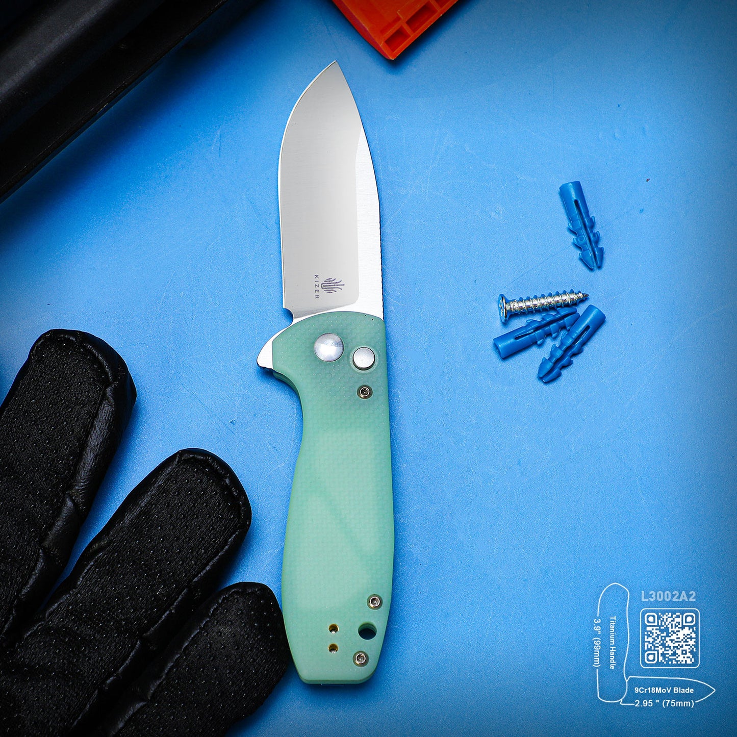 Kizer Amicus 2.95" 9Cr18MoV Jade G10 Button-Lock Folding Knife L3002A2