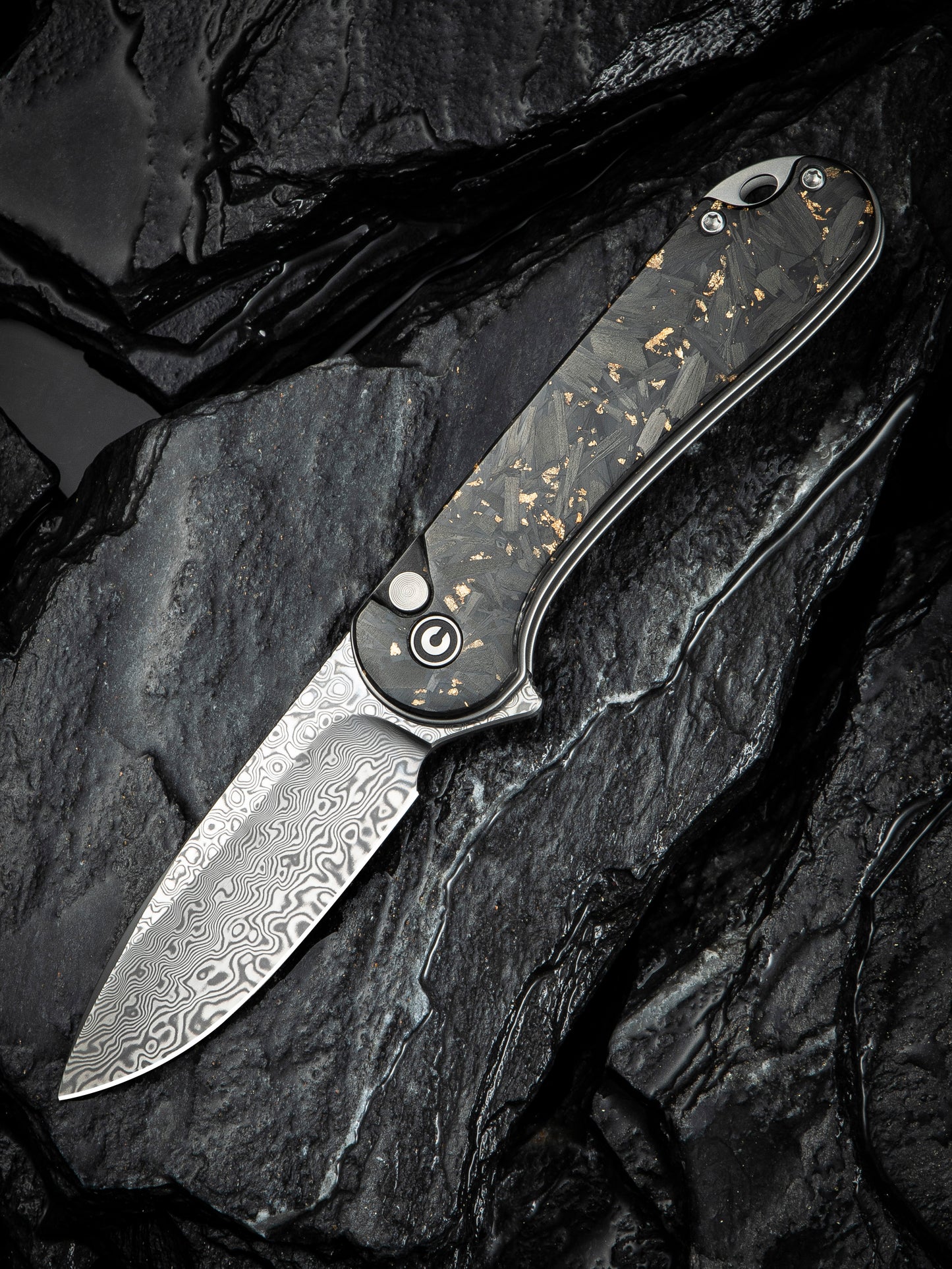 Civivi Elementum II Button Lock 2.96" Damascus Carbon Fiber Golden Shred Folding Knife C18062P-10