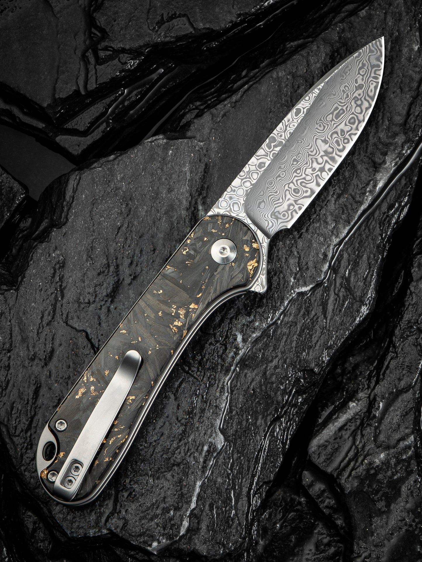 Civivi Elementum II Button Lock 2.96" Damascus Carbon Fiber Golden Shred Folding Knife C18062P-10