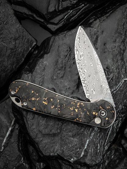 Civivi Elementum II Button Lock 2.96" Damascus Carbon Fiber Golden Shred Folding Knife C18062P-10