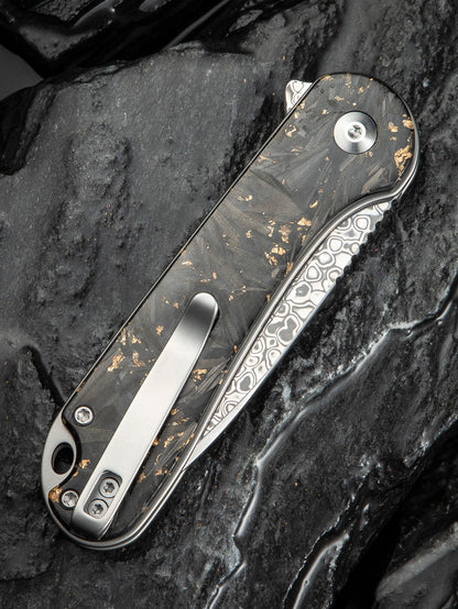 Civivi Elementum II Button Lock 2.96" Damascus Carbon Fiber Golden Shred Folding Knife C18062P-10