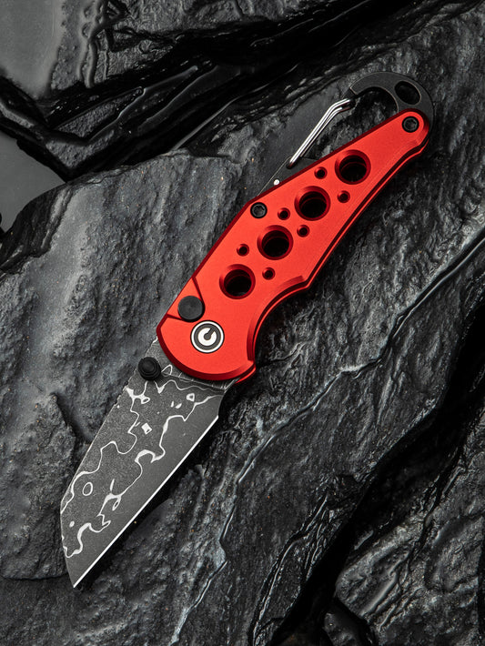 Civivi Pragma 2.2" Damascus Red Aluminium Button Lock Folding Knife Carabiner Bottle Opener C23062B-DS1