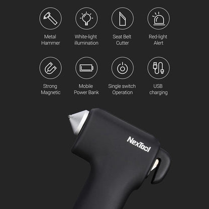 NexTool Multi Functional Rescue Hammer / Belt-Cutter / 150LM Light / USB-C 2600mAh Power Bank