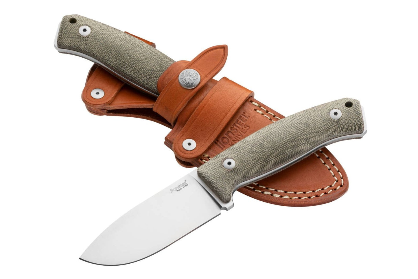 LionSteel M2M 3.54" M390 Green Canvas Micarta Fixed Blade Knife with Leather Sheath