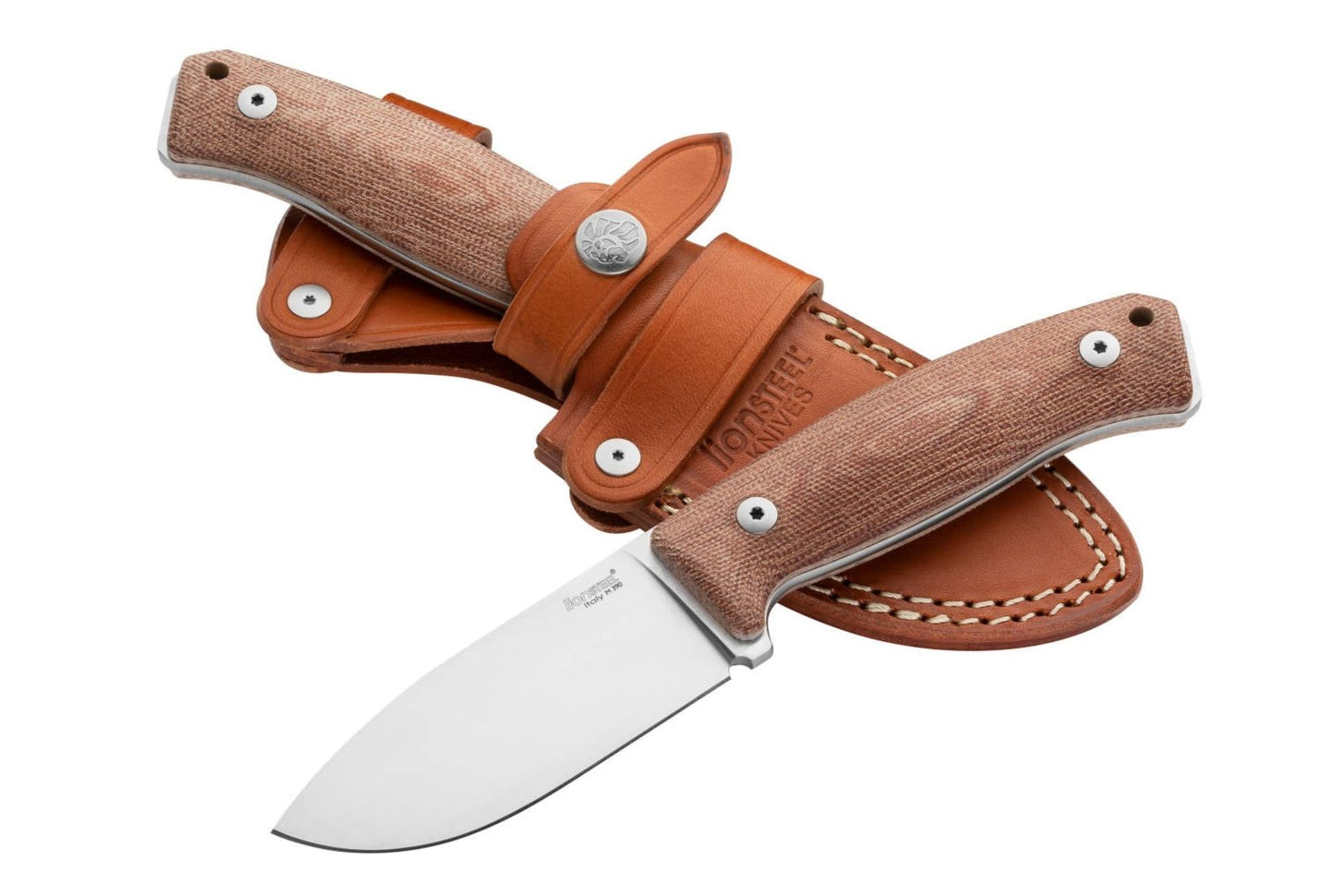 LionSteel M2M 3.54" M390 Natural Canvas Micarta Fixed Blade Knife with Leather Sheath