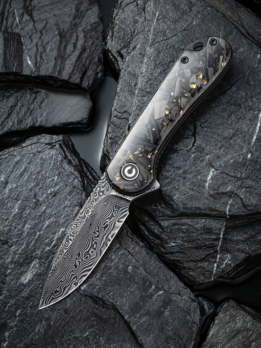 Civivi Elementum 2.96" Damascus Carbon Fiber Golden Shred Folding Knife C907C-DS1